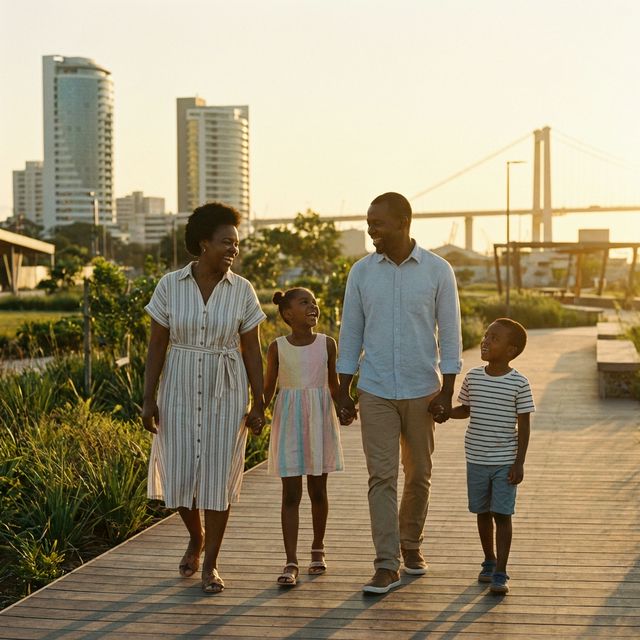 Família a passear num passadiço em Maputo, com a linha do horizonte da cidade ao fundo.