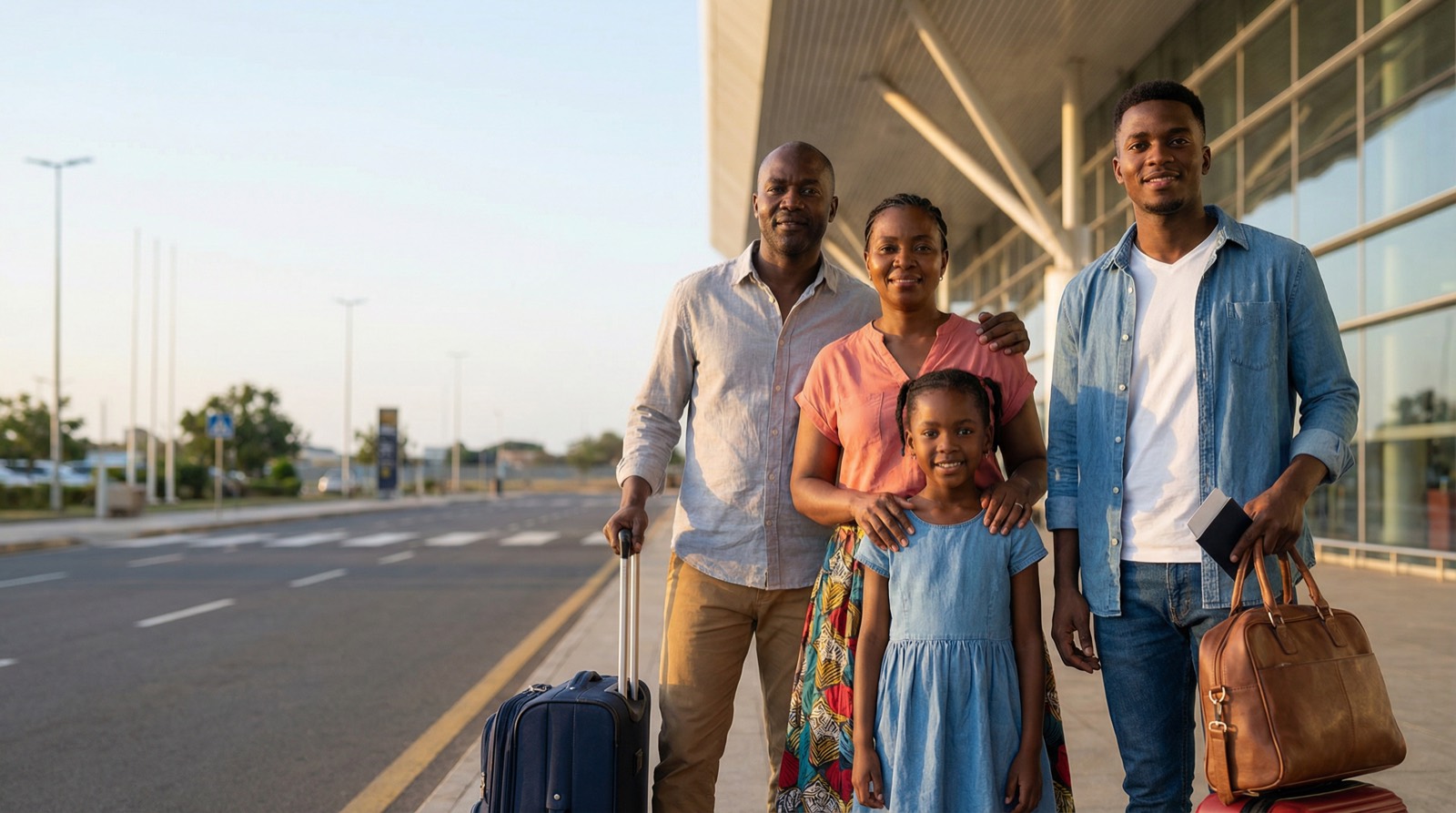 Família moçambicana com malas de viagem, a caminho da partida.